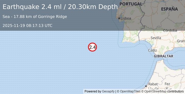 Earthquake AZORES-CAPE ST. VINCENT RIDGE (2.4 ml) (2025-11-19 08:17:13 UTC)