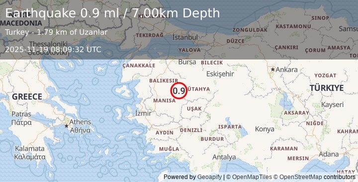Earthquake WESTERN TURKEY (0.9 ml) (2025-11-19 08:09:32 UTC)