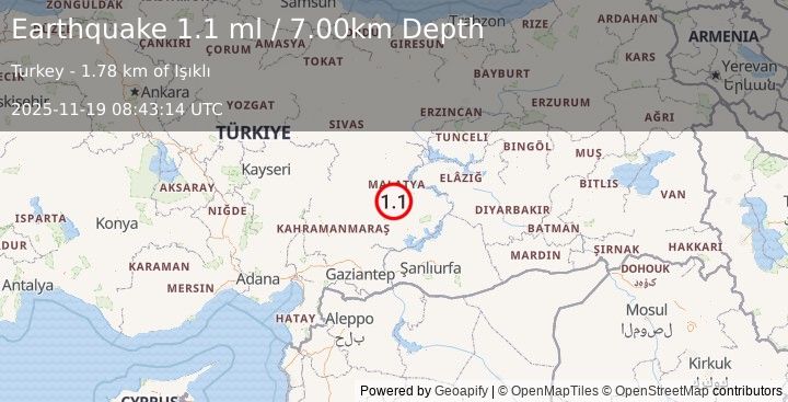 Earthquake EASTERN TURKEY (1.1 ml) (2025-11-19 08:43:14 UTC)
