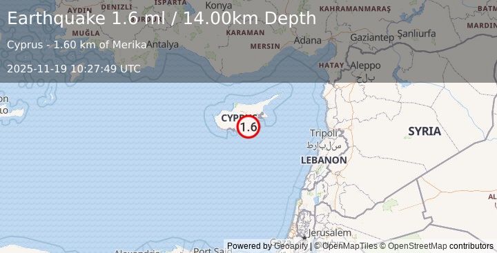 Earthquake CYPRUS REGION (1.6 ml) (2025-11-19 10:27:49 UTC)