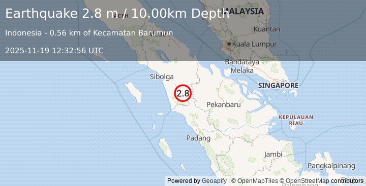 Earthquake NORTHERN SUMATRA, INDONESIA (2.8 m) (2025-11-19 12:32:56 UTC)