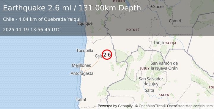 Earthquake ANTOFAGASTA, CHILE (2.6 ml) (2025-11-19 13:56:45 UTC)