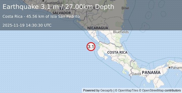 Earthquake OFF COAST OF COSTA RICA (3.1 m) (2025-11-19 14:30:30 UTC)
