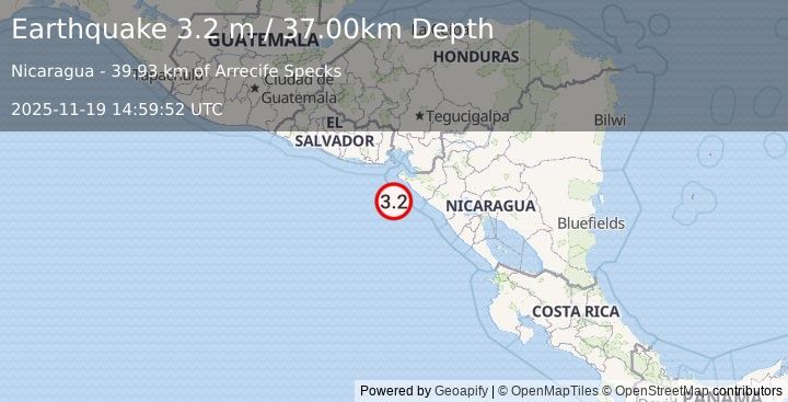 Earthquake NEAR COAST OF NICARAGUA (3.2 m) (2025-11-19 14:59:52 UTC)