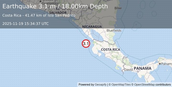 Earthquake OFF COAST OF COSTA RICA (3.1 m) (2025-11-19 15:34:37 UTC)