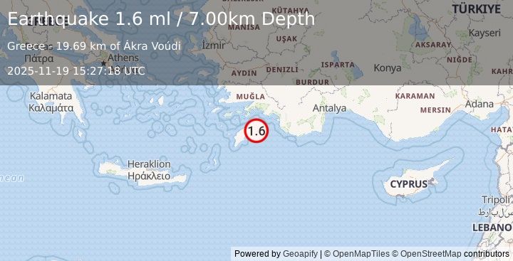 Earthquake DODECANESE IS.-TURKEY BORDER REG (1.6 ml) (2025-11-19 15:27:18 UTC)