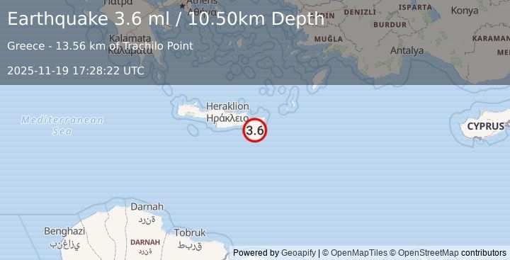 Earthquake CRETE, GREECE (3.6 ml) (2025-11-19 17:28:22 UTC)
