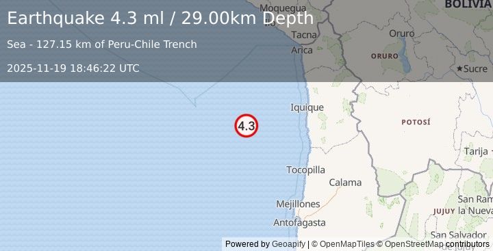 Earthquake OFF COAST OF TARAPACA, CHILE (4.3 ml) (2025-11-19 18:46:22 UTC)