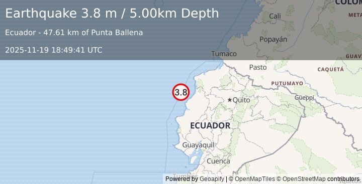 Earthquake NEAR COAST OF ECUADOR (3.6 ml) (2025-11-19 18:49:40 UTC)