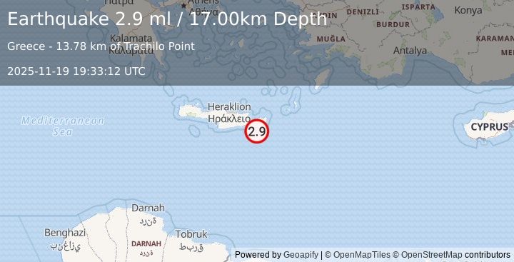 Earthquake CRETE, GREECE (2.9 ml) (2025-11-19 19:33:12 UTC)