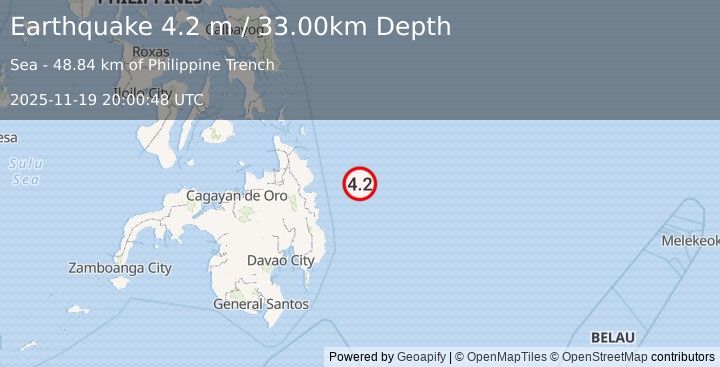 Earthquake PHILIPPINE ISLANDS REGION (4.2 m) (2025-11-19 20:00:48 UTC)