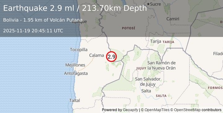 Earthquake ANTOFAGASTA, CHILE (2.9 ml) (2025-11-19 20:45:11 UTC)