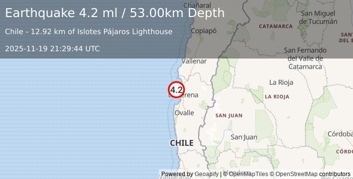 Earthquake OFFSHORE COQUIMBO, CHILE (4.2 ml) (2025-11-19 21:29:44 UTC)