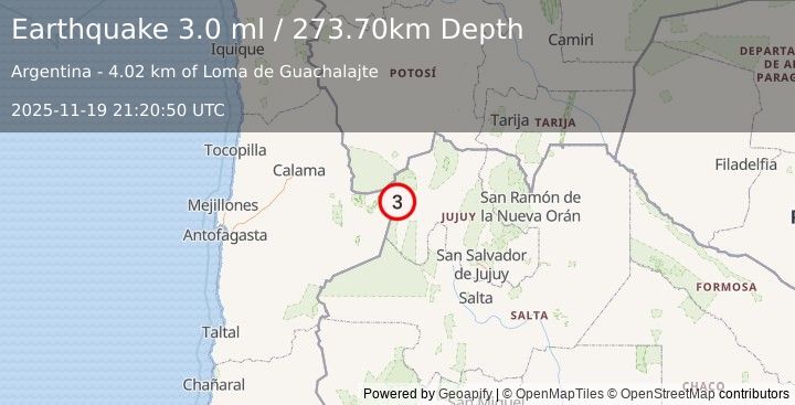Earthquake JUJUY, ARGENTINA (3.0 ml) (2025-11-19 21:20:50 UTC)