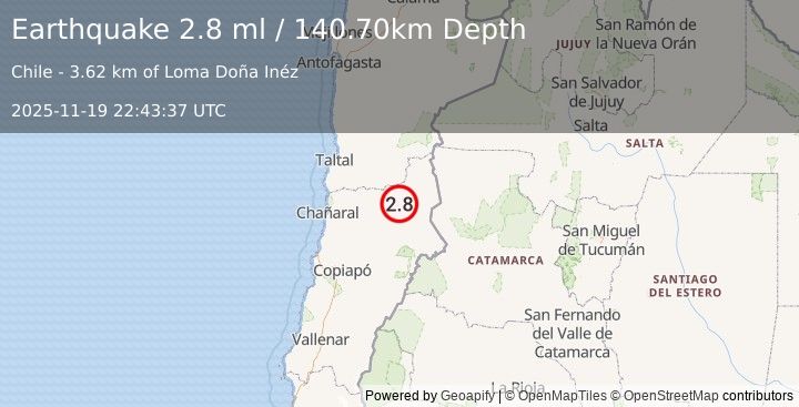Earthquake ATACAMA, CHILE (2.8 ml) (2025-11-19 22:43:37 UTC)