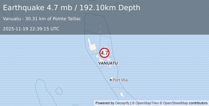 Earthquake VANUATU (4.7 mb) (2025-11-19 22:39:15 UTC)