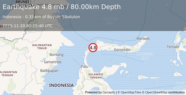 Earthquake MINAHASA, SULAWESI, INDONESIA (4.8 mb) (2025-11-20 00:15:35 UTC)