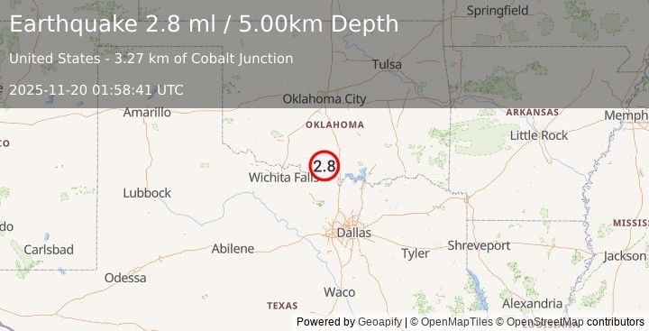 Earthquake OKLAHOMA (2.8 ml) (2025-11-20 01:58:41 UTC)
