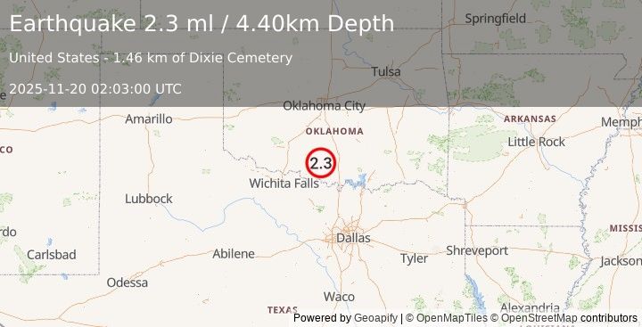Earthquake OKLAHOMA (2.3 ml) (2025-11-20 02:03:00 UTC)