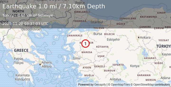 Earthquake WESTERN TURKEY (1.0 ml) (2025-11-20 03:37:03 UTC)
