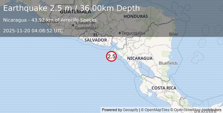 Earthquake NEAR COAST OF NICARAGUA (2.5 m) (2025-11-20 04:08:52 UTC)
