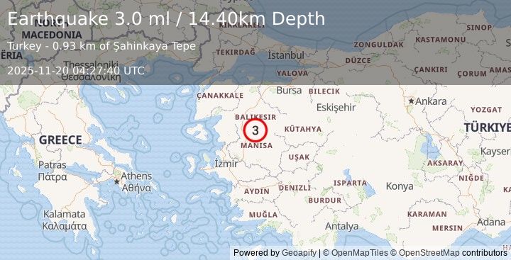 Earthquake WESTERN TURKEY (2.9 ml) (2025-11-20 04:27:40 UTC)