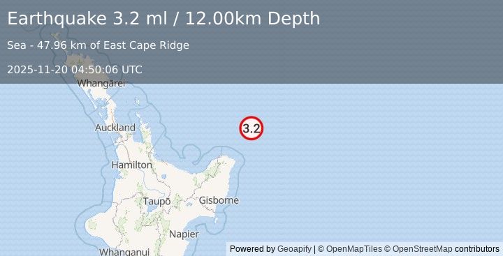 Earthquake OFF E. COAST OF N. ISLAND, N.Z. (3.2 ml) (2025-11-20 04:50:06 UTC)