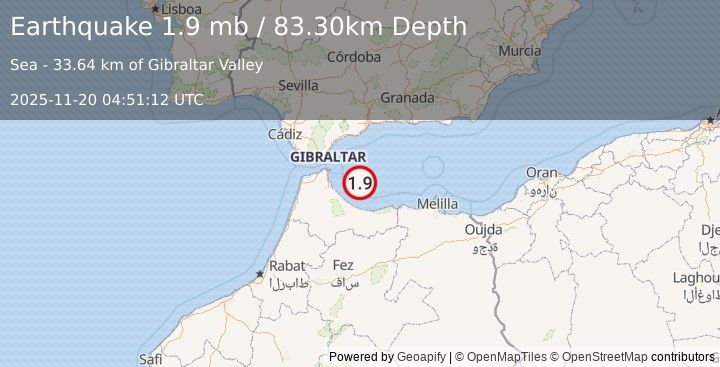 Earthquake STRAIT OF GIBRALTAR (1.9 mb) (2025-11-20 04:51:12 UTC)