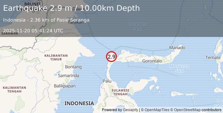 Earthquake MINAHASA, SULAWESI, INDONESIA (2.9 m) (2025-11-20 05:41:24 UTC)