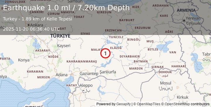 Earthquake EASTERN TURKEY (1.0 ml) (2025-11-20 06:36:40 UTC)