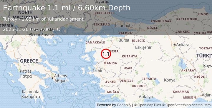 Earthquake WESTERN TURKEY (1.1 ml) (2025-11-20 07:57:00 UTC)