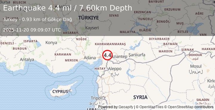 Earthquake CENTRAL TURKEY (4.4 mw) (2025-11-20 09:09:08 UTC)