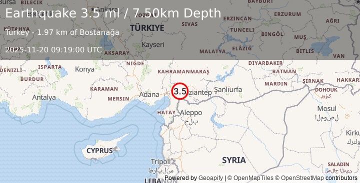 Earthquake CENTRAL TURKEY (3.5 ml) (2025-11-20 09:19:00 UTC)