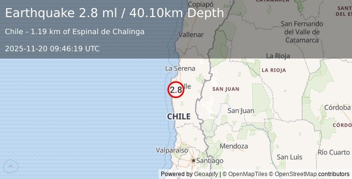Earthquake COQUIMBO, CHILE (2.8 ml) (2025-11-20 09:46:19 UTC)