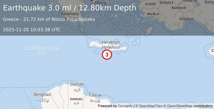 Earthquake CRETE, GREECE (3.0 ml) (2025-11-20 10:03:38 UTC)