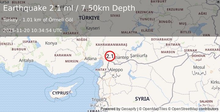 Earthquake CENTRAL TURKEY (2.1 ml) (2025-11-20 10:34:54 UTC)