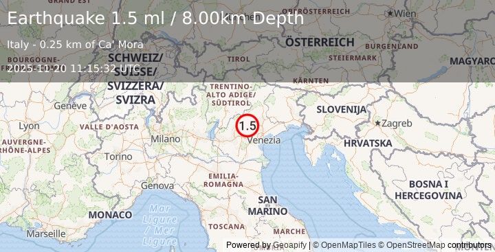 Earthquake NORTHERN ITALY (1.5 ml) (2025-11-20 11:15:32 UTC)