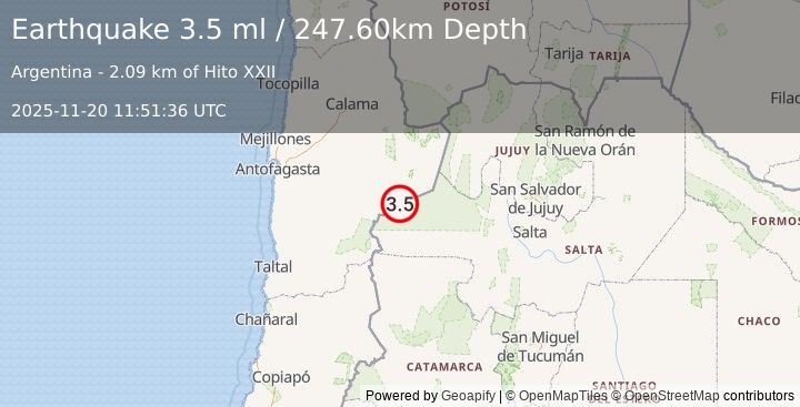 Earthquake ANTOFAGASTA, CHILE (3.5 ml) (2025-11-20 11:51:36 UTC)