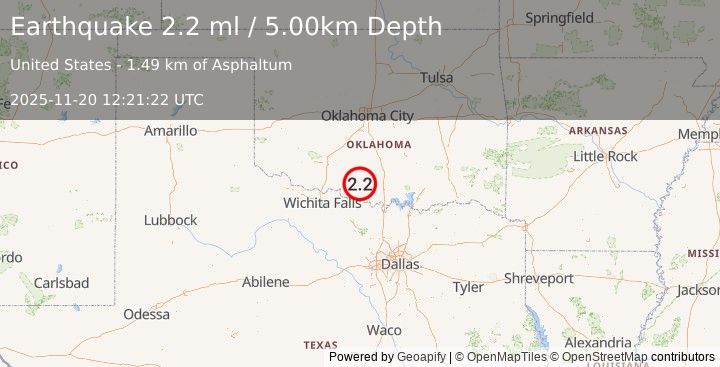 Earthquake OKLAHOMA (2.2 ml) (2025-11-20 12:21:23 UTC)