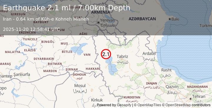 Earthquake NORTHWESTERN IRAN (2.1 ml) (2025-11-20 12:58:41 UTC)