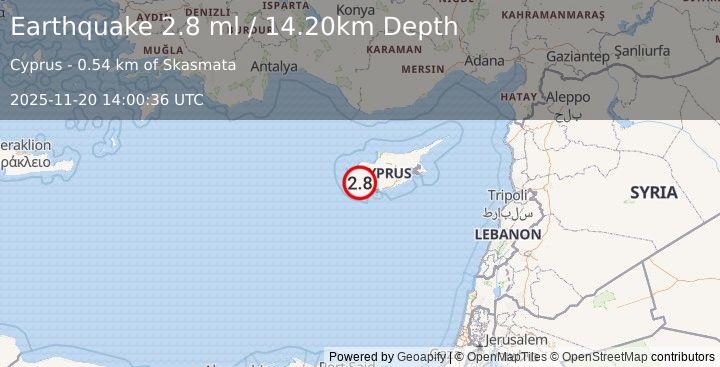 Earthquake CYPRUS REGION (2.8 ml) (2025-11-20 14:00:36 UTC)