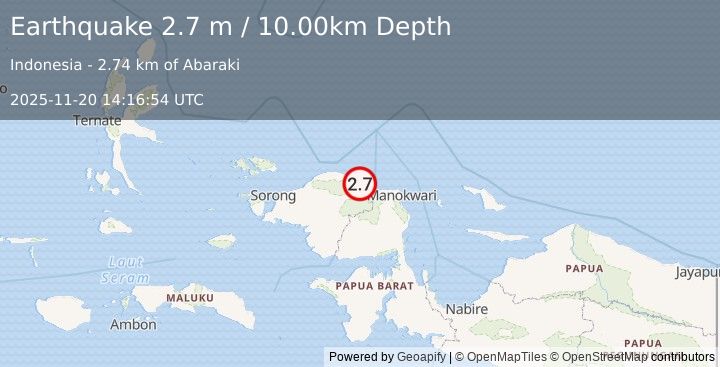 Earthquake NEAR N COAST OF PAPUA, INDONESIA (2.7 m) (2025-11-20 14:16:54 UTC)