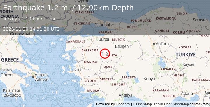 Earthquake WESTERN TURKEY (1.2 ml) (2025-11-20 14:31:30 UTC)