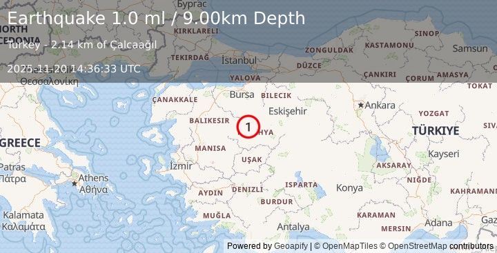 Earthquake WESTERN TURKEY (1.0 ml) (2025-11-20 14:36:33 UTC)