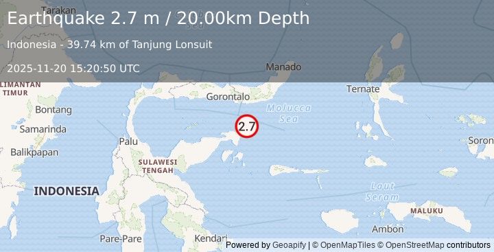 Earthquake SULAWESI, INDONESIA (2.7 m) (2025-11-20 15:20:50 UTC)