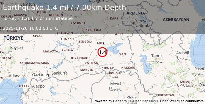 Earthquake EASTERN TURKEY (1.4 ml) (2025-11-20 16:03:53 UTC)
