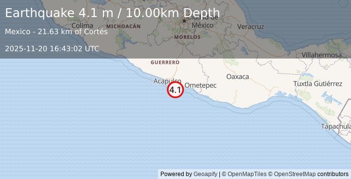 Earthquake OFFSHORE GUERRERO, MEXICO (4.1 m) (2025-11-20 16:43:02 UTC)