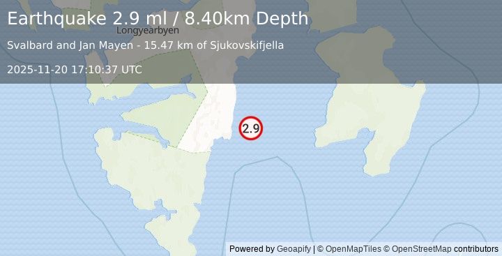Earthquake SVALBARD REGION (2.9 ml) (2025-11-20 17:10:37 UTC)