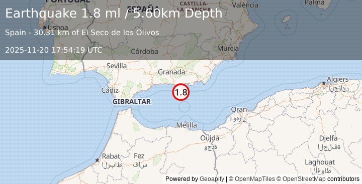 Earthquake STRAIT OF GIBRALTAR (1.8 ml) (2025-11-20 17:54:19 UTC)