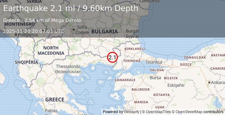 Earthquake BULGARIA-GREECE-TURKEY BORDER RG (2.1 ml) (2025-11-20 20:07:03 UTC)
